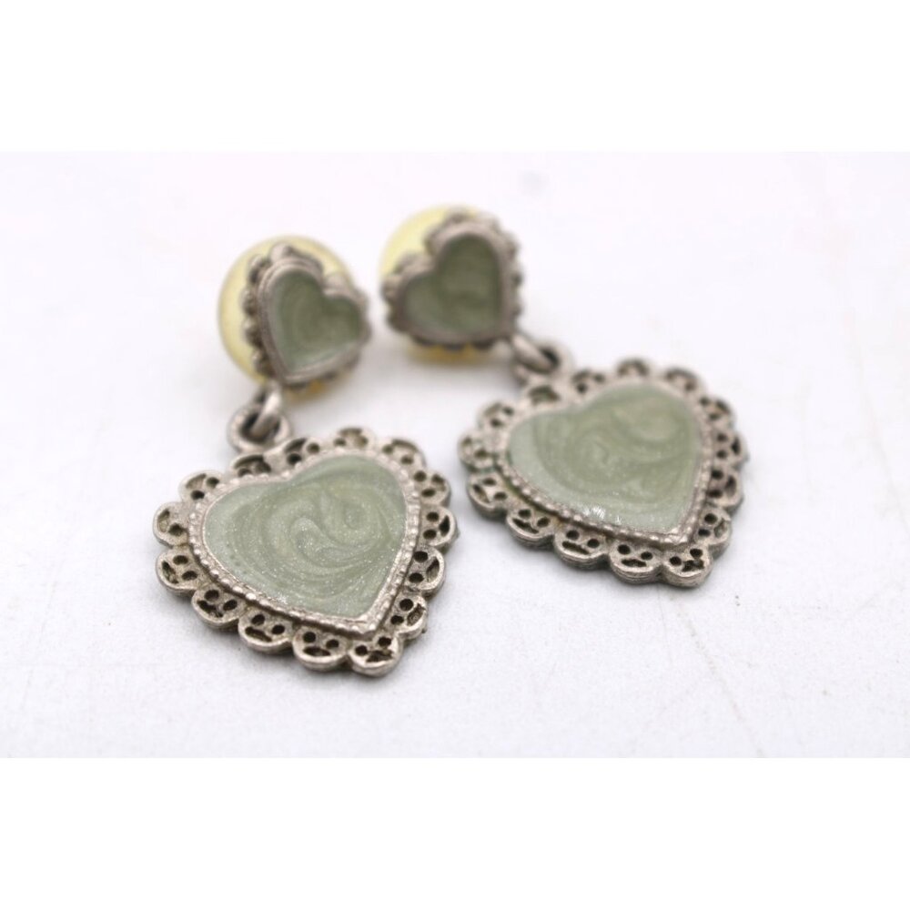 Heart Drop Enamel Earrings Sage Green Swirl and Ornate Framing Vtg Silver Tone - Picture 9 of 10